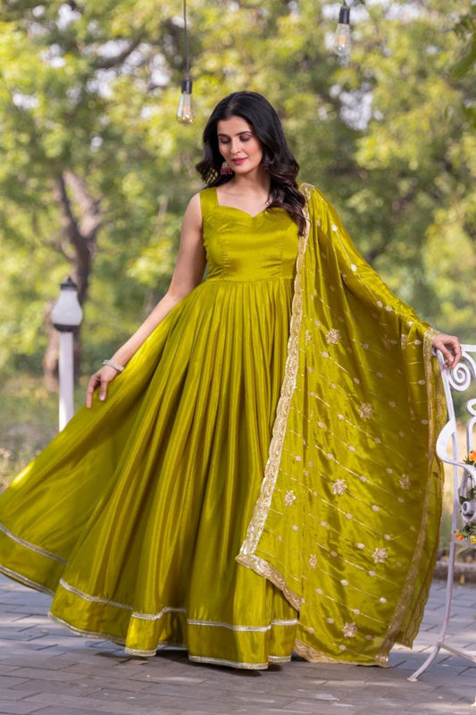 Parrot green color chinon silk long gown with dupatta