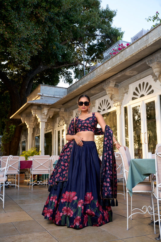 Navy blue color tussar silk lehenga choli for women online
