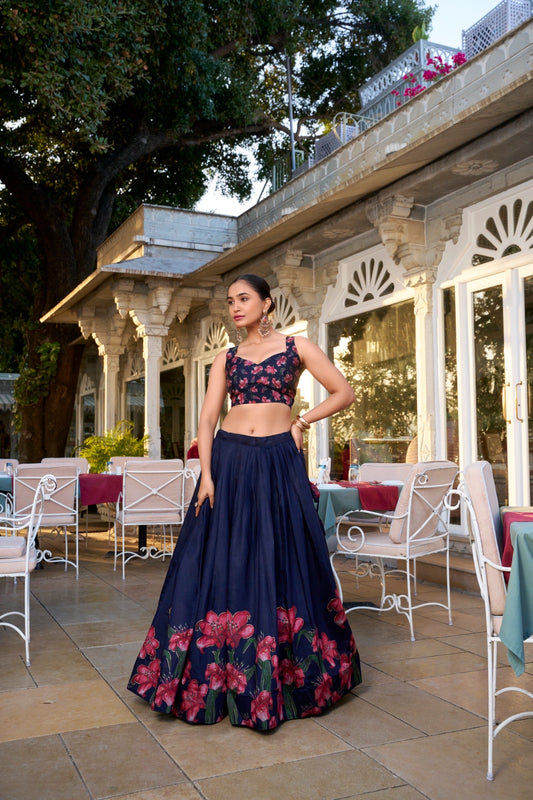 Navy blue color tussar silk lehenga choli for wedding

