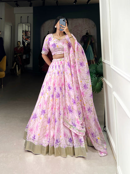 Pink color tabby silk printed lehenga choli for women online
