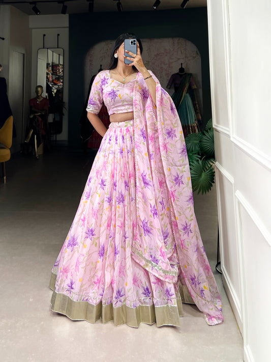 Pink color tabby silk printed lehenga choli for women online
