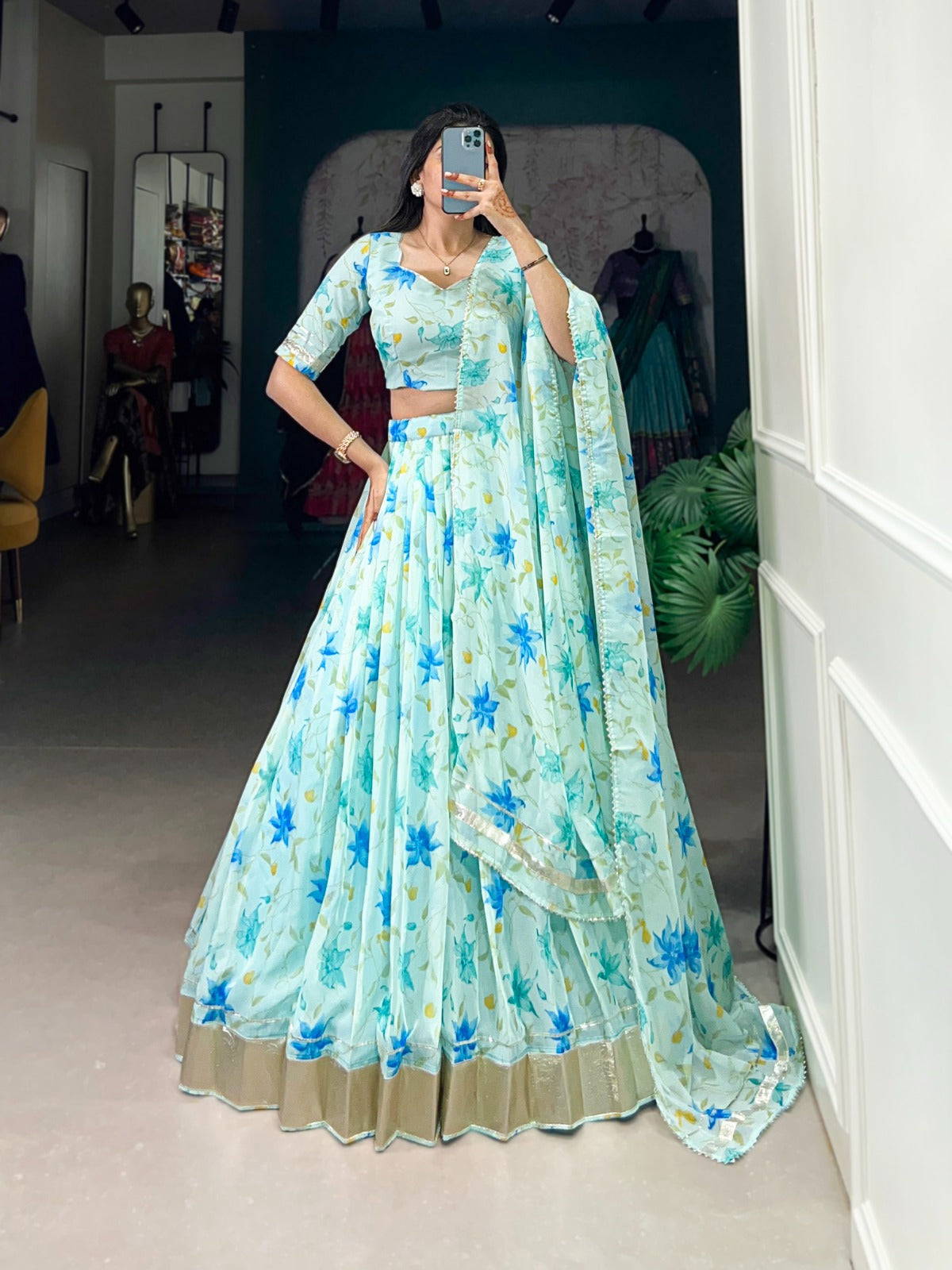 Pista color tabby silk printed lehenga choli images
