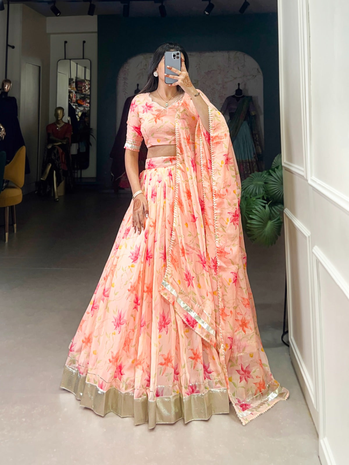 Peach color tabby silk printed lehenga choli price