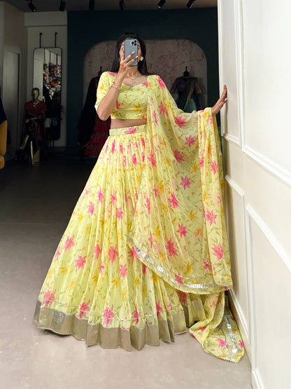 Yellow color tabby silk printed lehenga choli for hadi rasam