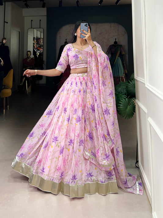 Pink color tabby silk printed lehenga choli for wedding
