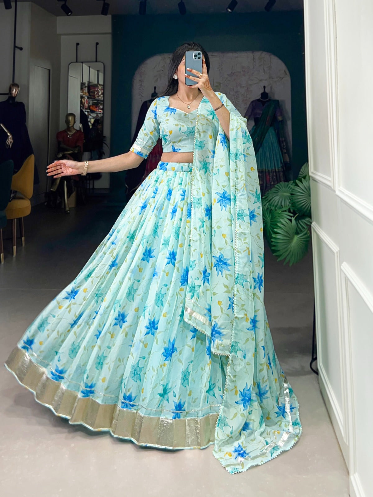 Pista color tabby silk printed lehenga choli with dupatta