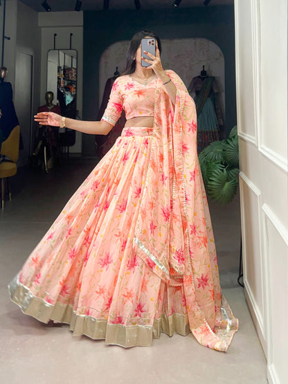 Peach color tabby silk printed lehenga choli with dupatta

