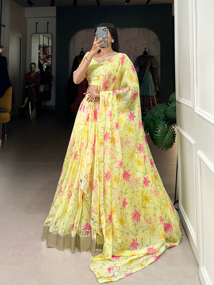 Yellow color tabby silk printed lehenga choli 
