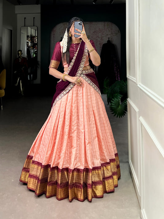 Peach color zari chex lehenga choli for women