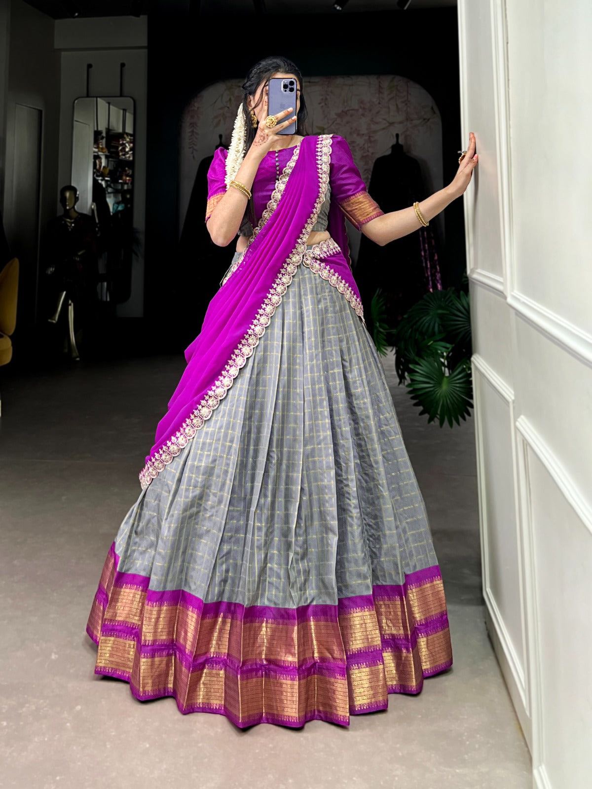 Grey color zari chex lehenga choli with dupatta online shopping