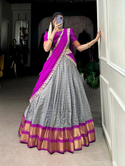 Grey color zari chex lehenga choli with dupatta online shopping