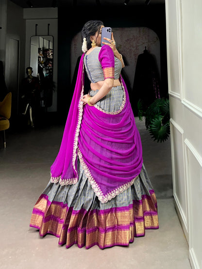 Grey color zari chex lehenga choli with dupatta for party