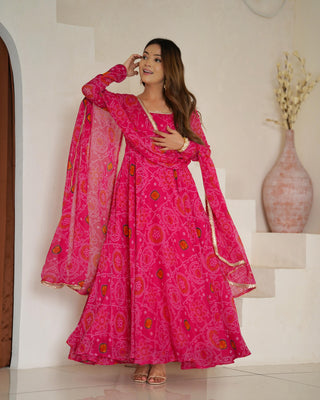 Pink color chiffon bandhej long gown for women