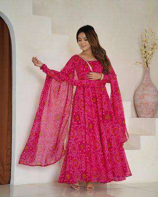 Pink color chiffon bandhej long gown price