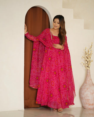 Pink color chiffon bandhej long gown for women online shopping