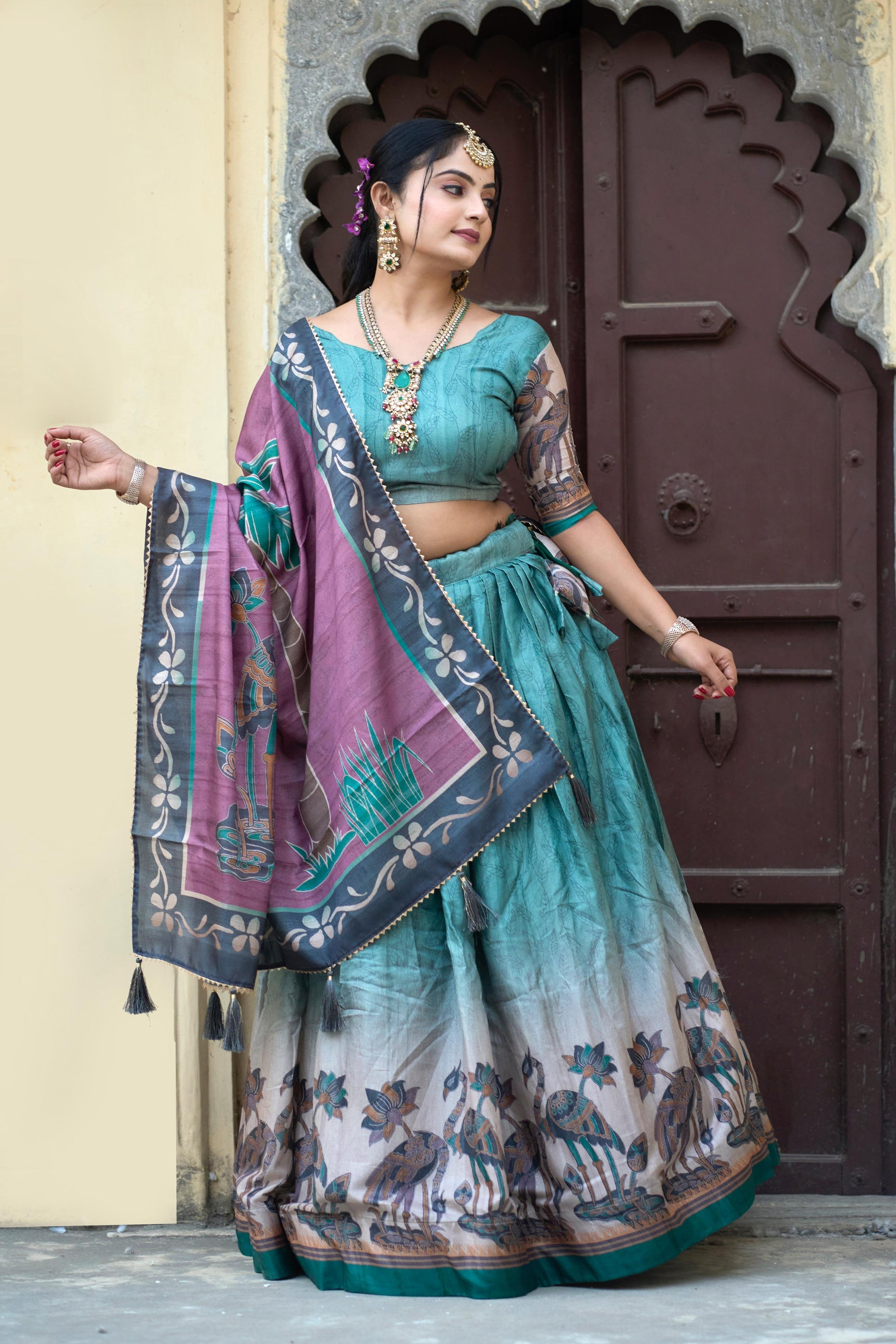 Rama color manipuri silk printed lehenga choli images