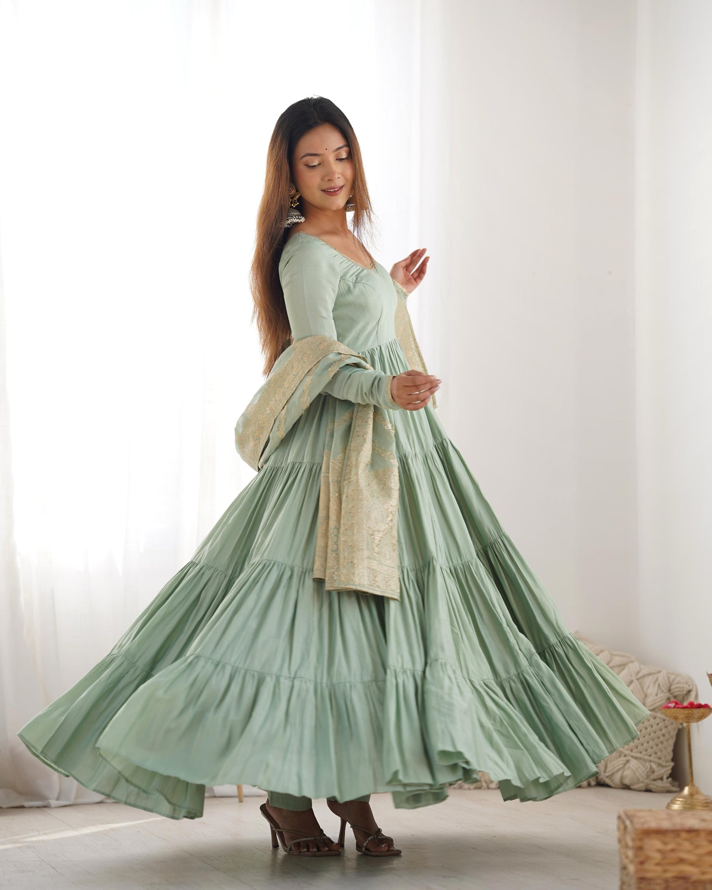 Pista color roman silk chanderi gown with dupatta