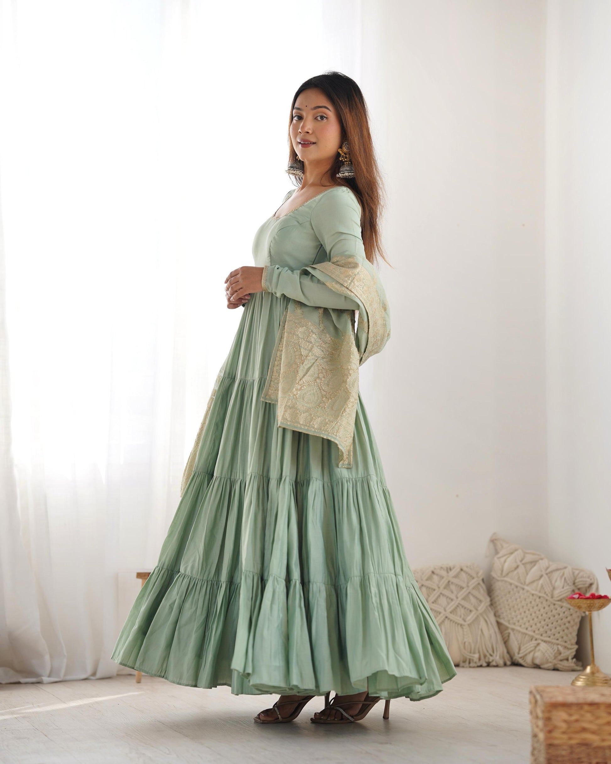 Pista color roman silk chanderi wedding gown 
