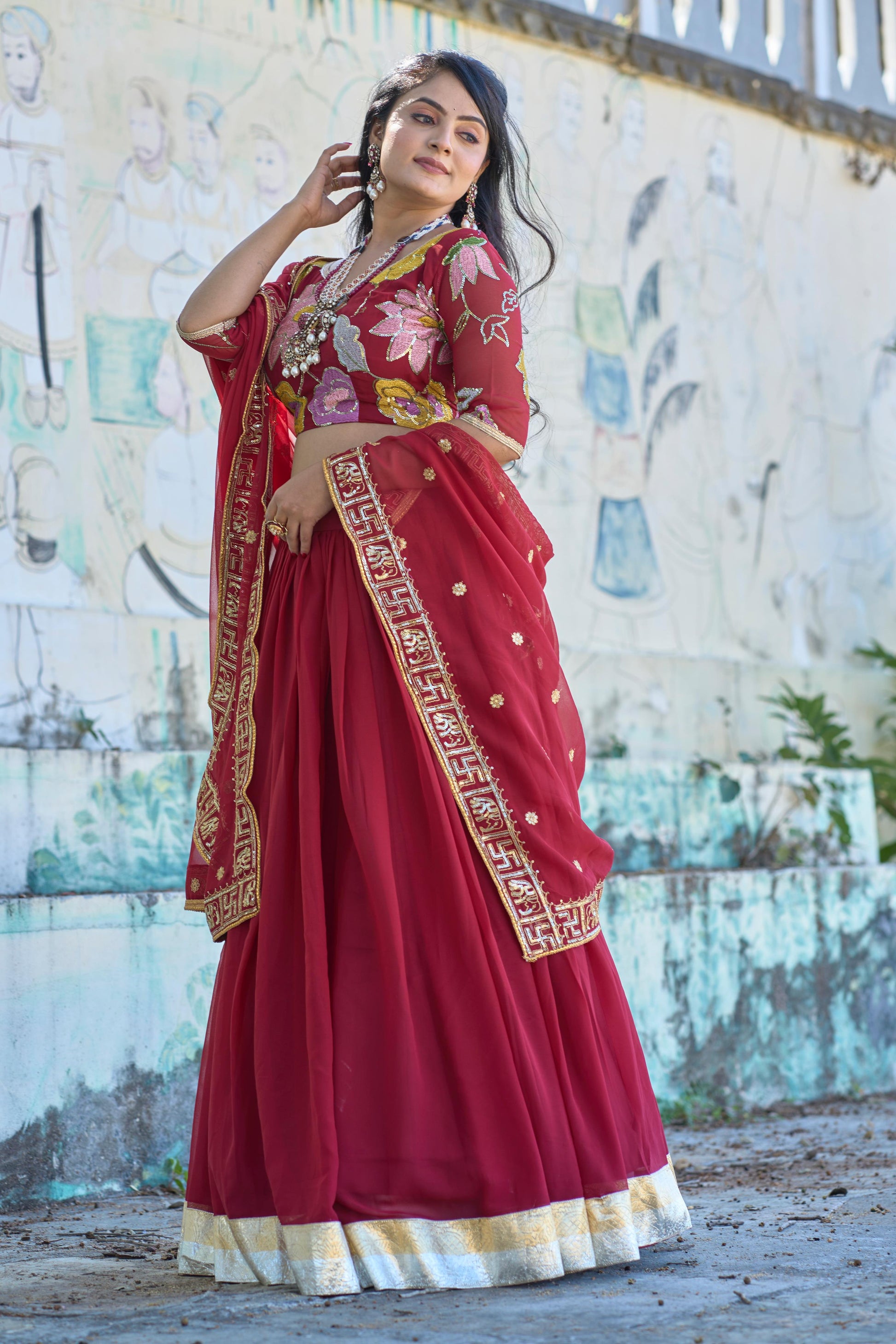 Maroon color georgette lehenga choli online shopping
