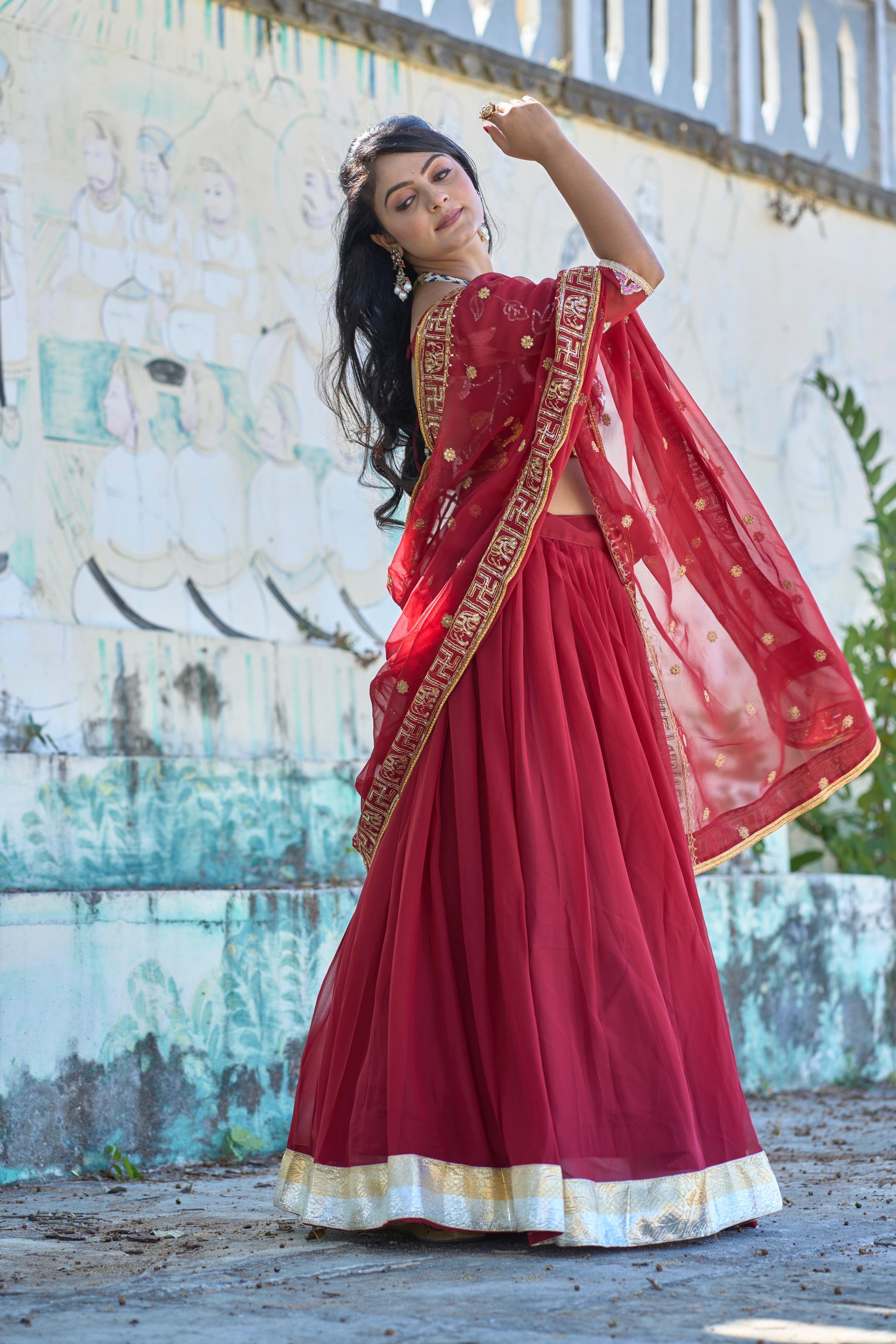 Maroon color georgette lehenga choli for reception