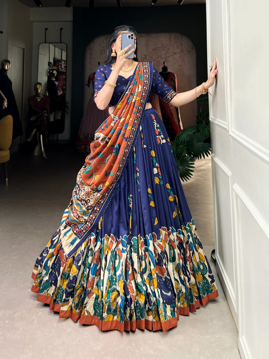 Navy blue color tussar silk lehenga choli 