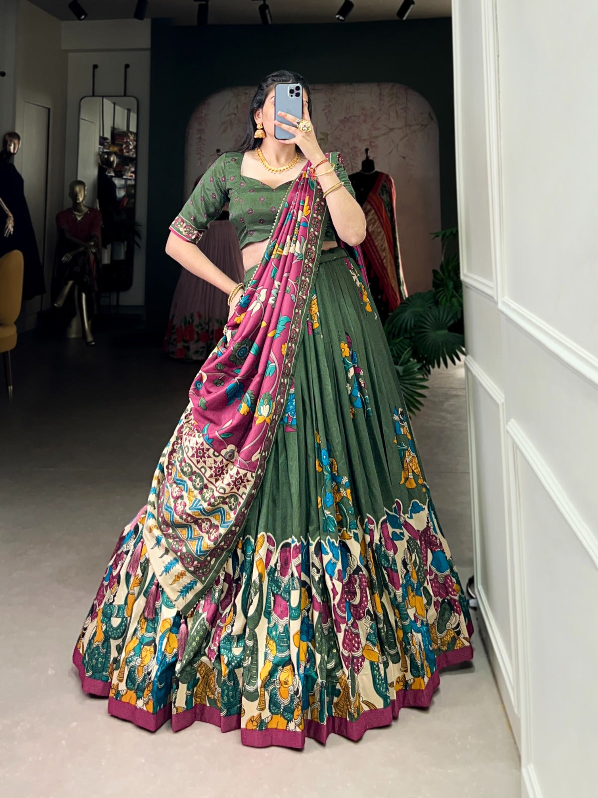 Mehendi color tussar silk lehenga choli images