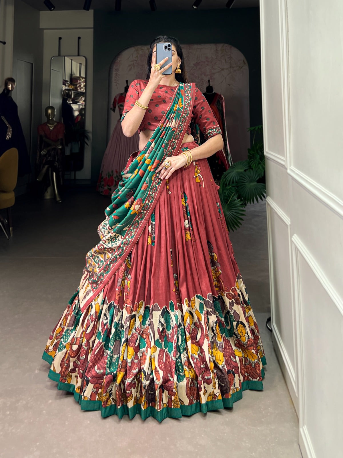 Red color tussar silk printed lehenga choli design look