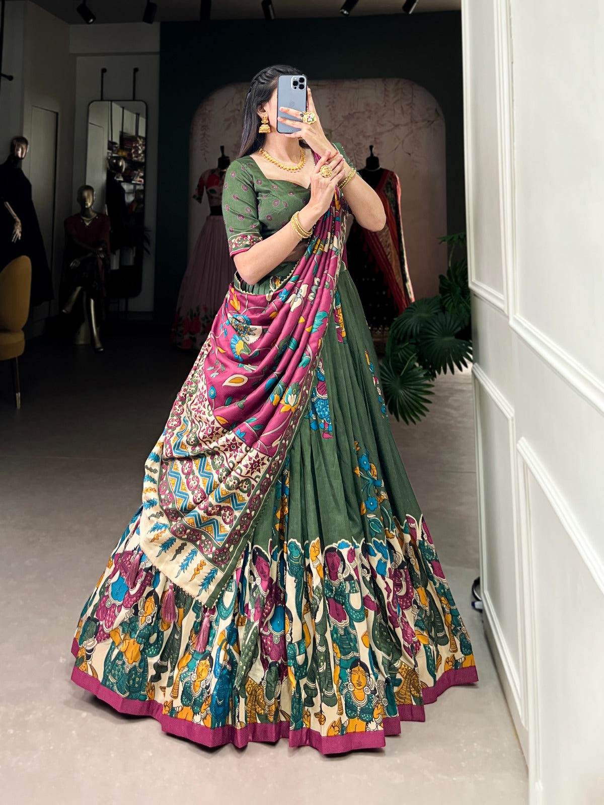 Mehendi color tussar silk lehenga choli online shopping