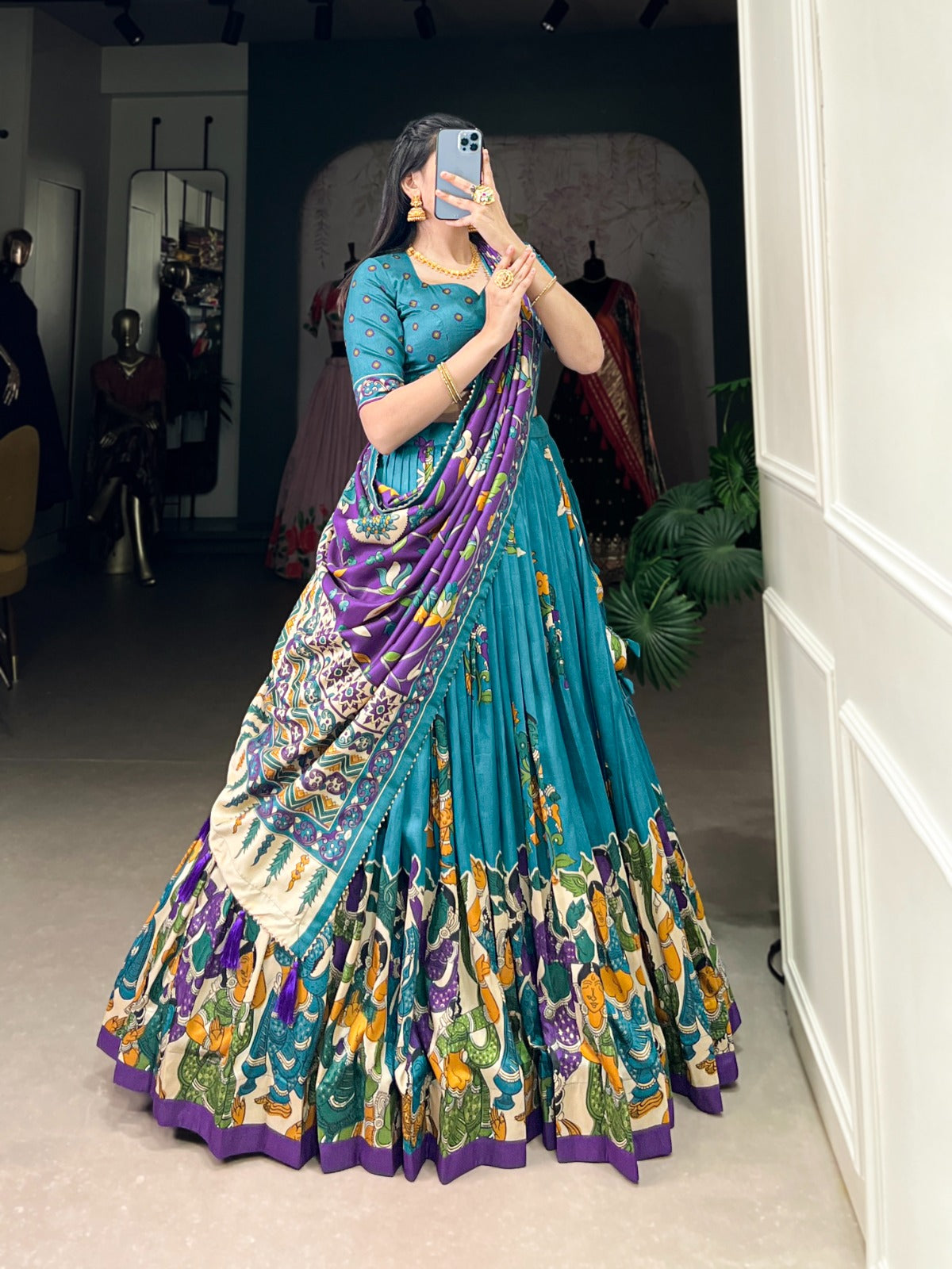 Firozi color tussar silk printed lehenga choli for wedding