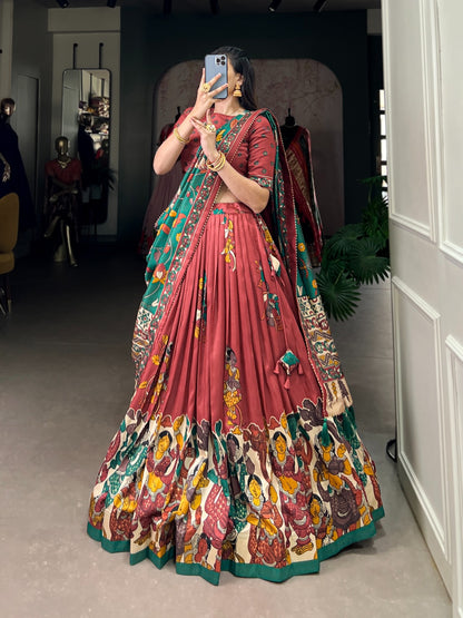Red color tussar silk kalamkari printed lehenga choli 