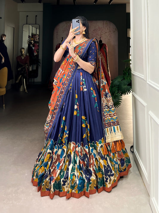 Navy blue color tussar silk lehenga choli for women