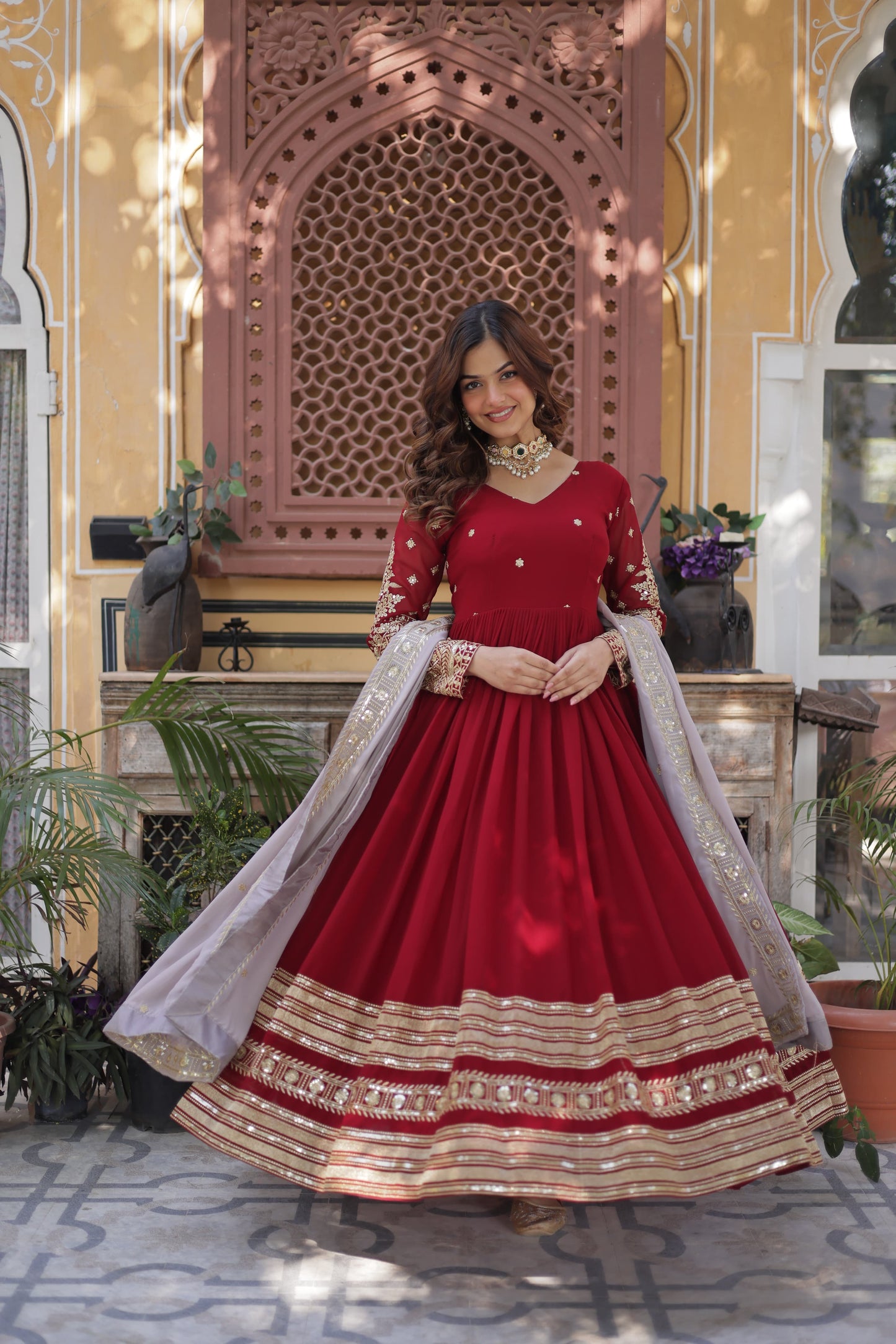 Red color faux blooming long gown with dupatta online shopping