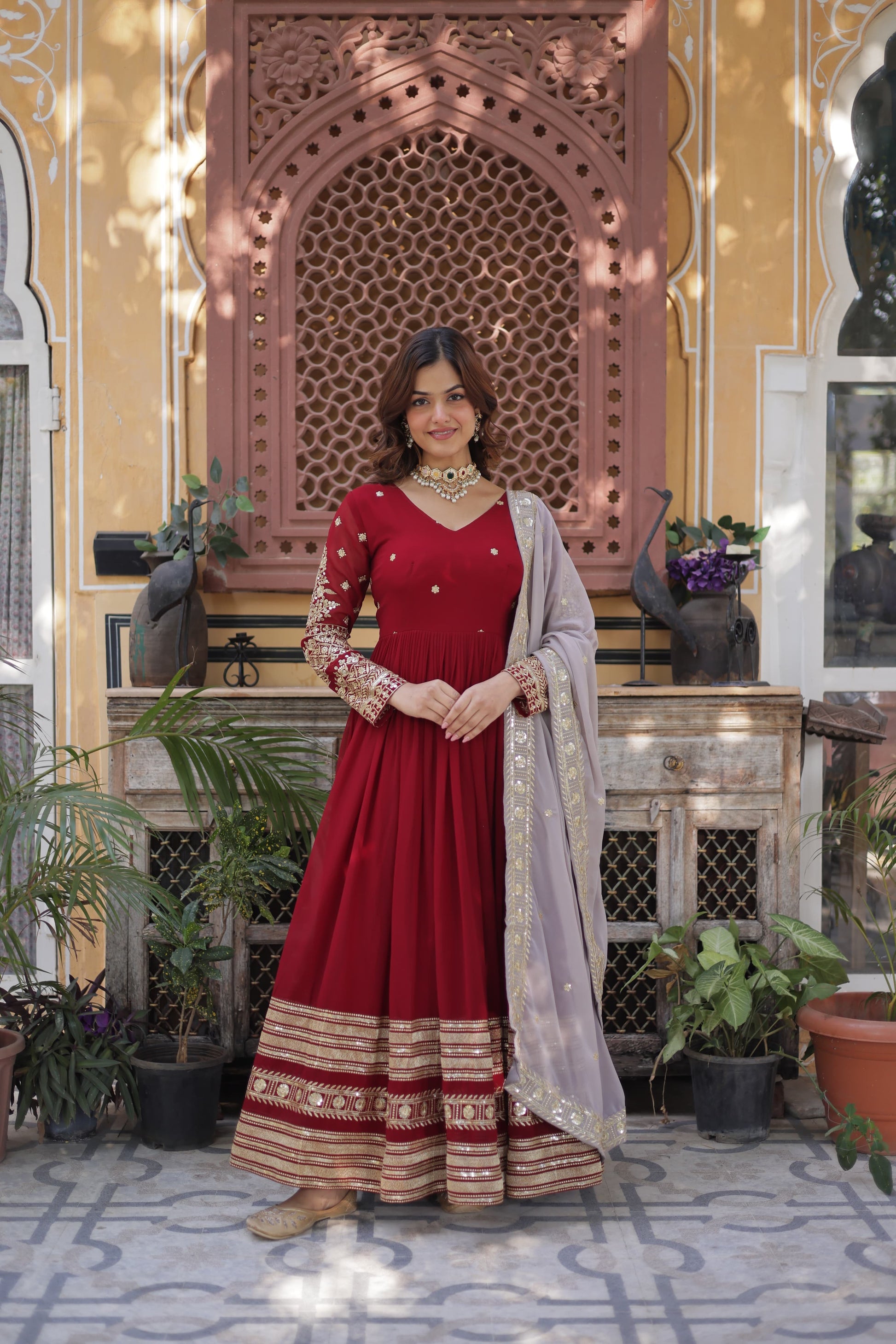 Red color faux blooming long gown for wedding