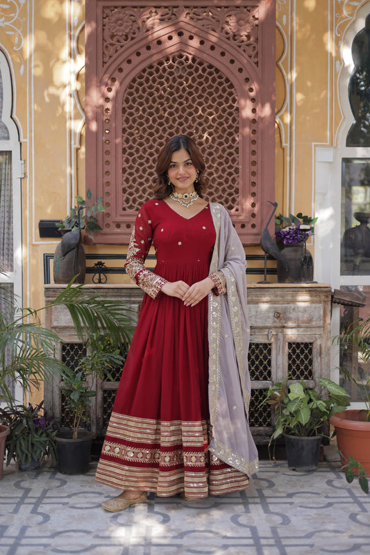 Red color faux blooming long gown for wedding