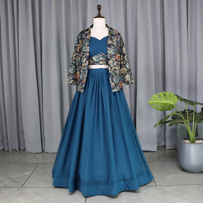 Rama color georgette prined lehenga with koti 