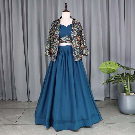 Rama color georgette prined lehenga with koti 