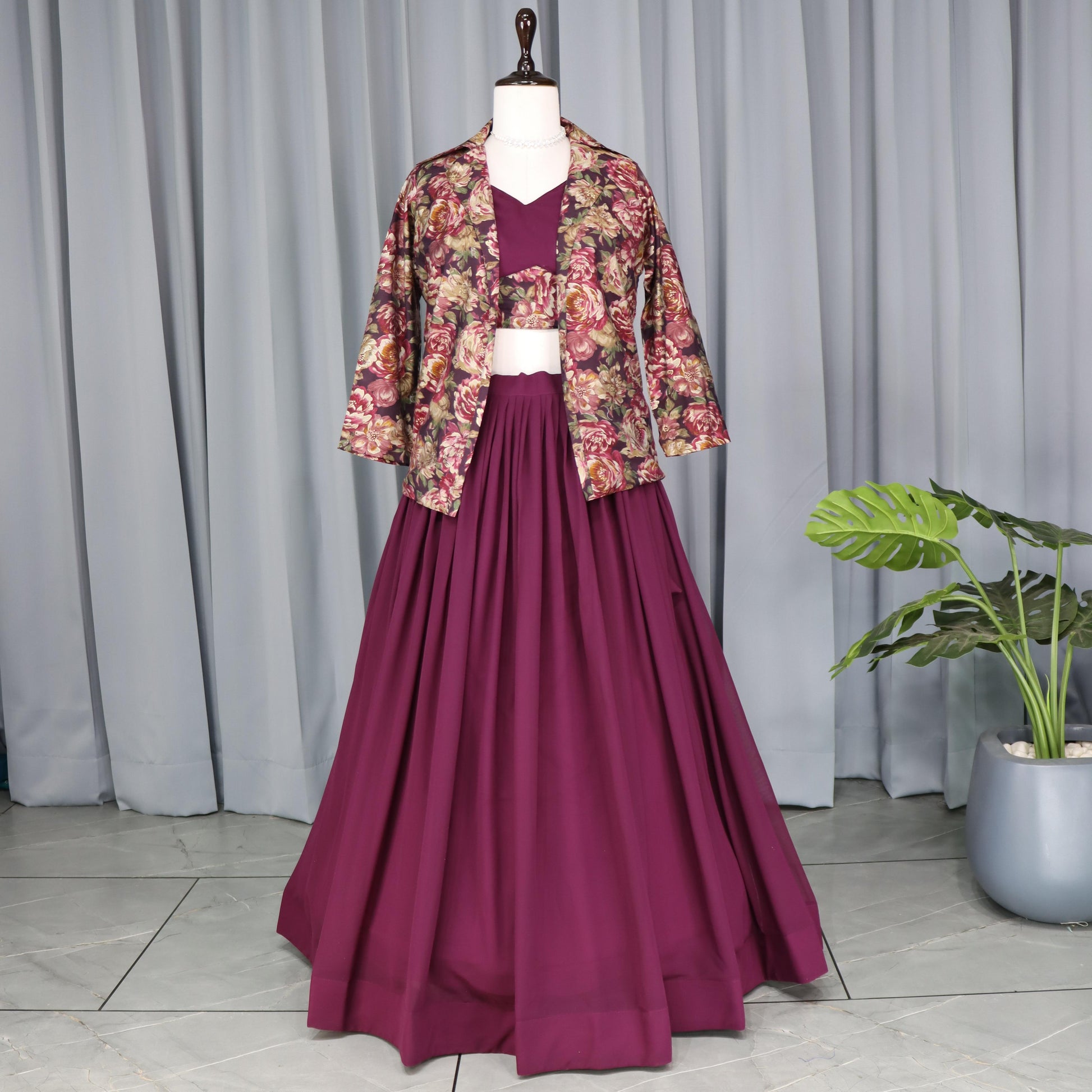 Wine color georgette prined lehenga with koti price