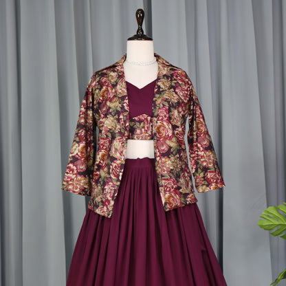 Wine color georgette prined lehenga with koti images