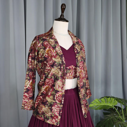 Rama color georgette prined lehenga with koti design