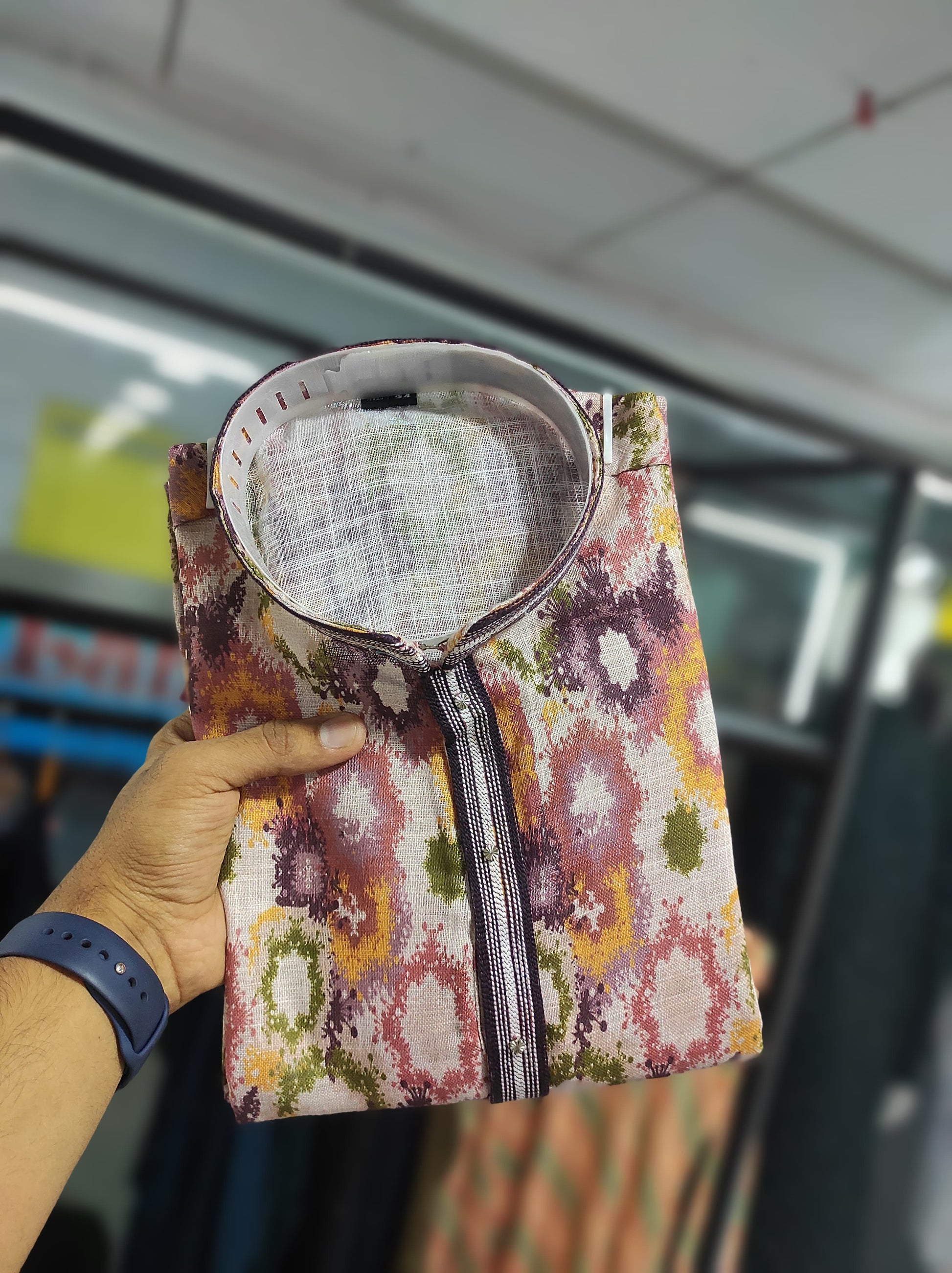 Multi color linen printed kurta with pajama