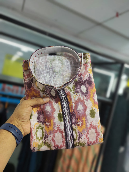Multi color linen printed kurta with pajama