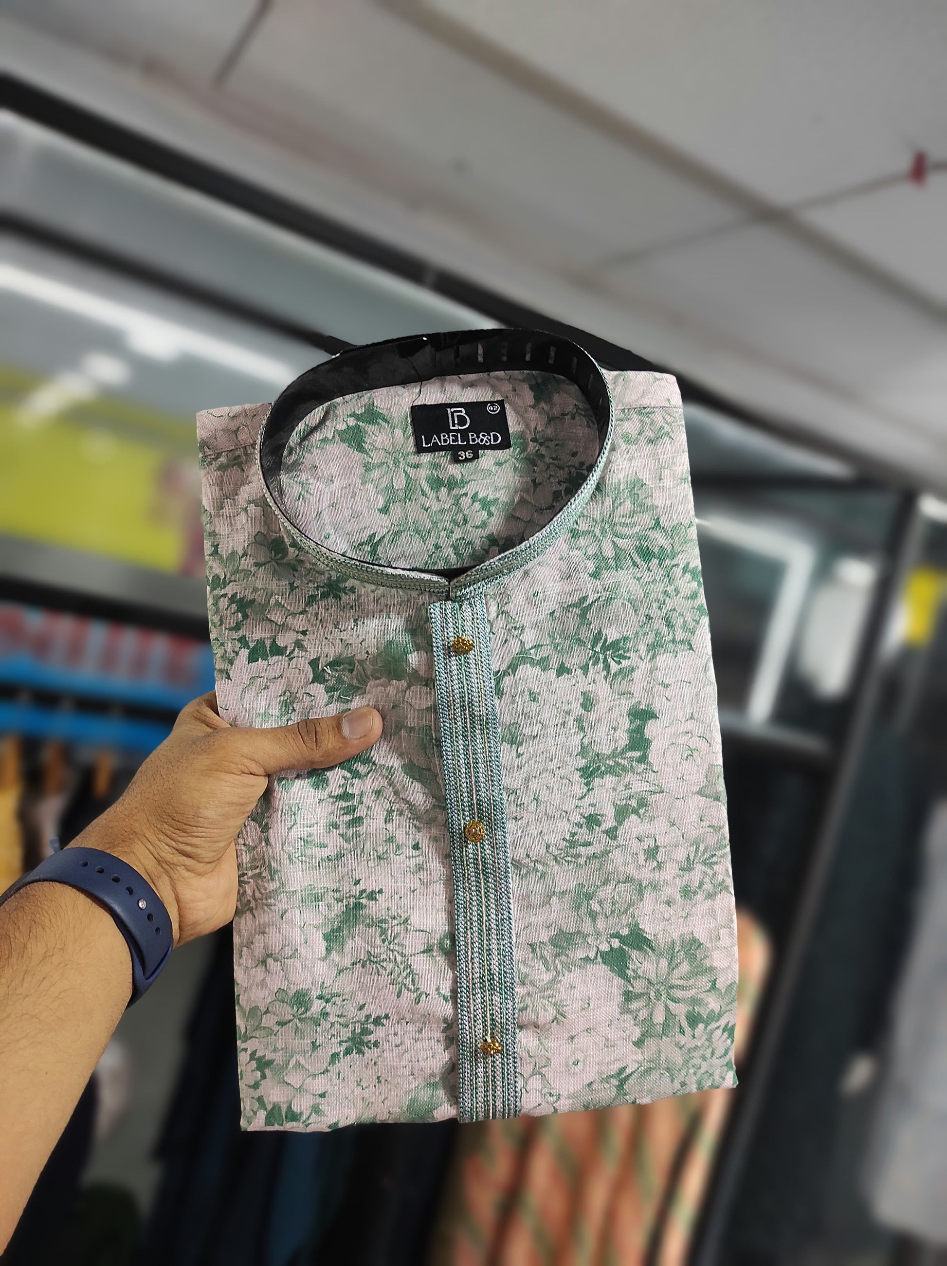 Multi color linen printed mens kurta with pyjama images