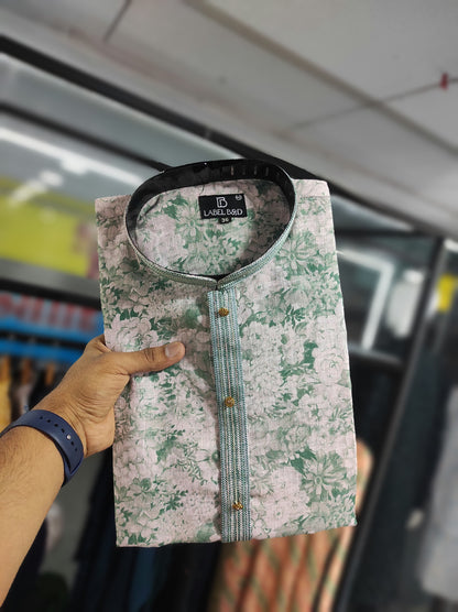 Multi color linen printed mens kurta with pyjama images