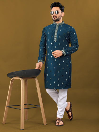 Teal green color matka silk kurta for men's