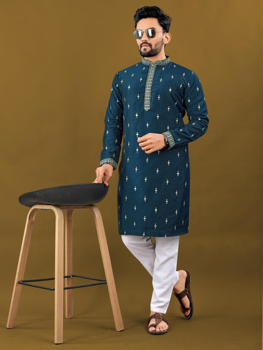 Teal green color matka silk kurta for men's