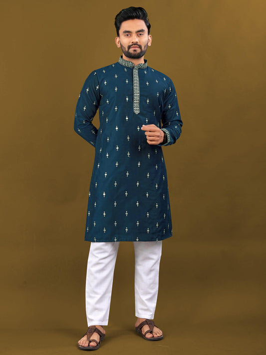 Teal green color matka silk men's kurta with online