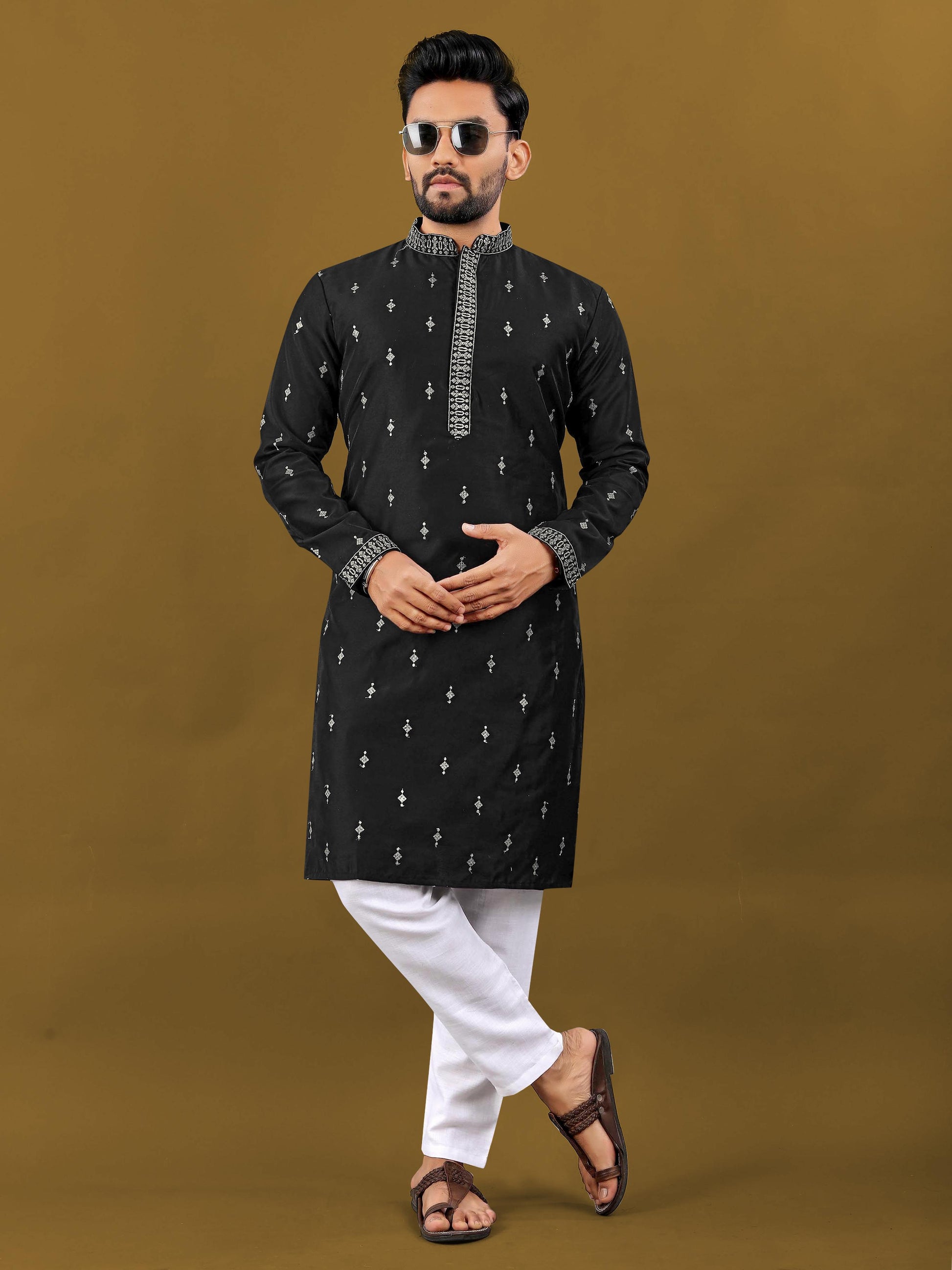Black color matka silk kurta for mens