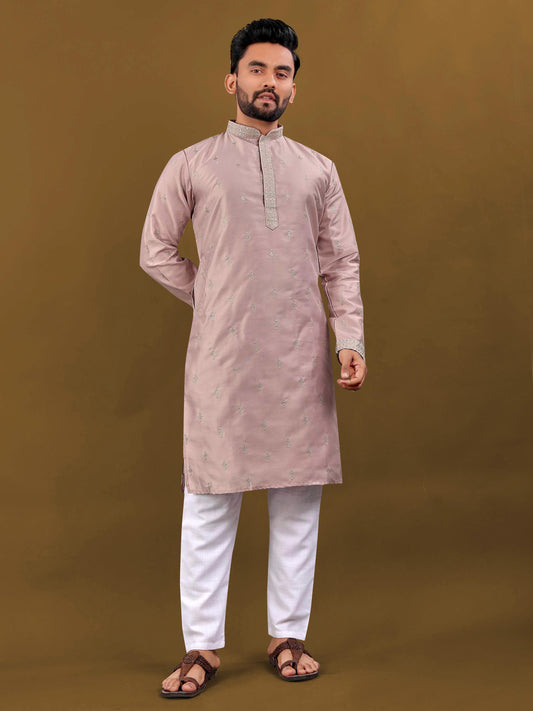 Pink color matka silk mens kurta with pajama
