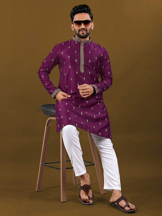 Wine color matka silk mens kurta with pajama online