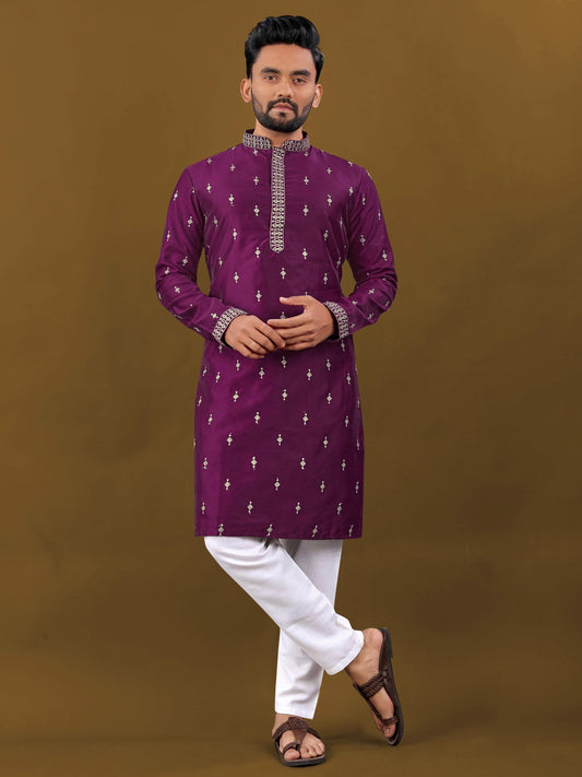 Wine color matka silk mens kurta with pajama 